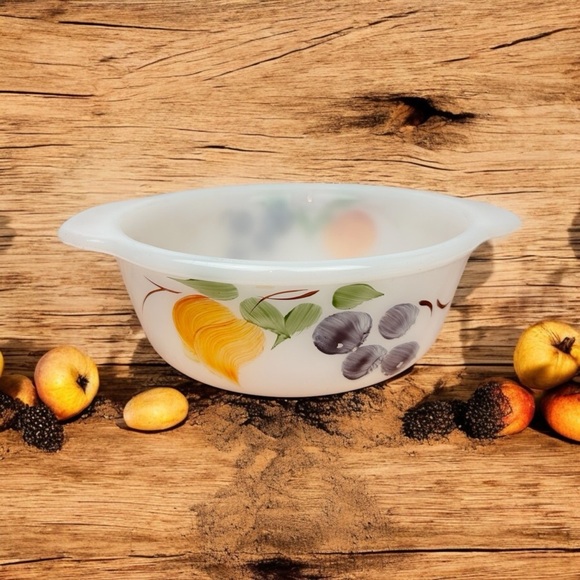 Anchor Hocking Fire King Gay Fad Small milkglass bowl, fruits pattern #445 - Picture 1 of 8